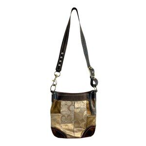 Coach F10387 Patchwork Metallic Gold Brown Leather Suede Crossbody Shoulder Bag